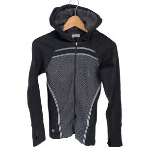 Athleta Black Full-Zip Hoodie Jacket With Chevron Pattern & Thumbholes Size S